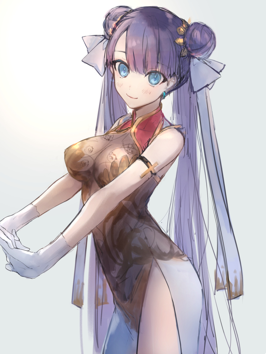 1girl alternate_costume armband ashita_kura bangs bare_arms bare_shoulders blue_eyes blush breasts china_dress chinese_clothes cross double_bun dress earrings fate/grand_order fate_(series) gloves gold_trim hair_ornament hair_ribbon heroic_spirit_traveling_outfit highres jewelry long_dress long_hair looking_at_viewer medium_breasts pelvic_curtain purple_hair ribbon saint_martha side_slit simple_background sleeveless sleeveless_dress smile solo twintails very_long_hair violet_eyes white_gloves