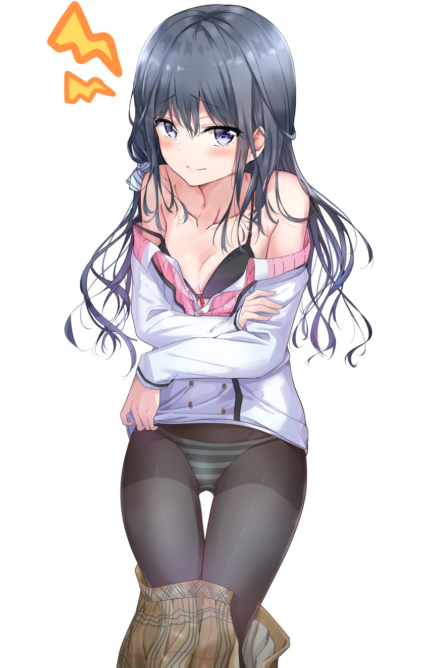 1girl absurdres adagaki_aki black_bra black_hair black_legwear blue_eyes blush bra breasts brown_skirt cleavage clothes_down collarbone eyebrows_visible_through_hair floating_hair hair_between_eyes highres long_hair looking_at_viewer masamune-kun_no_revenge open_clothes open_skirt panties panties_under_pantyhose pantyhose pleated_skirt red_ribbon ribbon shiny shiny_hair simple_background skirt skirt_pull small_breasts smile solo striped striped_panties sunhyun underwear white_background