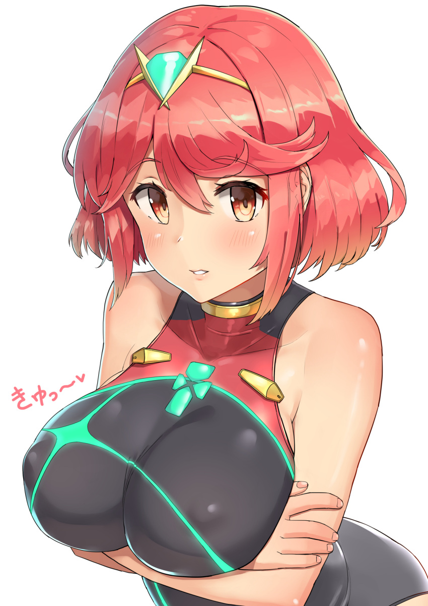 1girl absurdres bangs bare_shoulders breast_hold breasts competition_swimsuit covered_nipples eyebrows_visible_through_hair hair_ornament highres pyra_(xenoblade) large_breasts looking_at_viewer nintendo one-piece_swimsuit parted_lips red_eyes redhead short_hair simple_background solo soushou_nin swept_bangs swimsuit text_focus translated upper_body white_background xenoblade_(series) xenoblade_2
