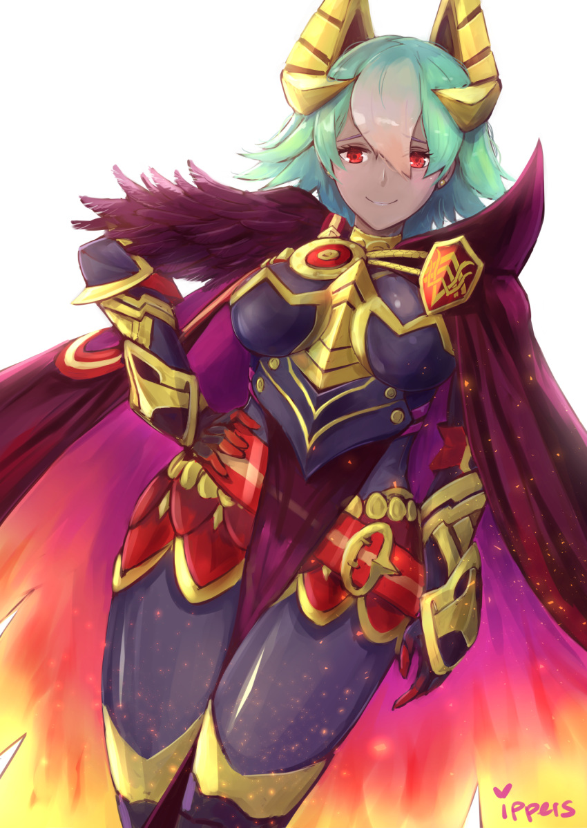 1girl armor artist_name belt black_armor cape closed_mouth dark_skin fire_emblem fire_emblem_heroes gauntlets gradient_hair green_hair hand_on_hip highres ippers laegjarn_(fire_emblem_heroes) multicolored_hair nintendo orange_hair red_belt short_hair simple_background smile solo white_background