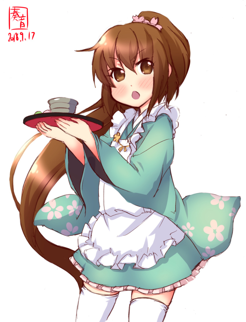 1girl apron artist_logo blue_kimono brown_eyes brown_hair commentary_request cowboy_shot dated floral_print frilled_apron frills fumizuki_(kantai_collection) highres japanese_clothes kanon_(kurogane_knights) kantai_collection kimono long_hair looking_at_viewer open_mouth petals ponytail simple_background solo thigh-highs tray wa_maid white_apron white_background white_legwear