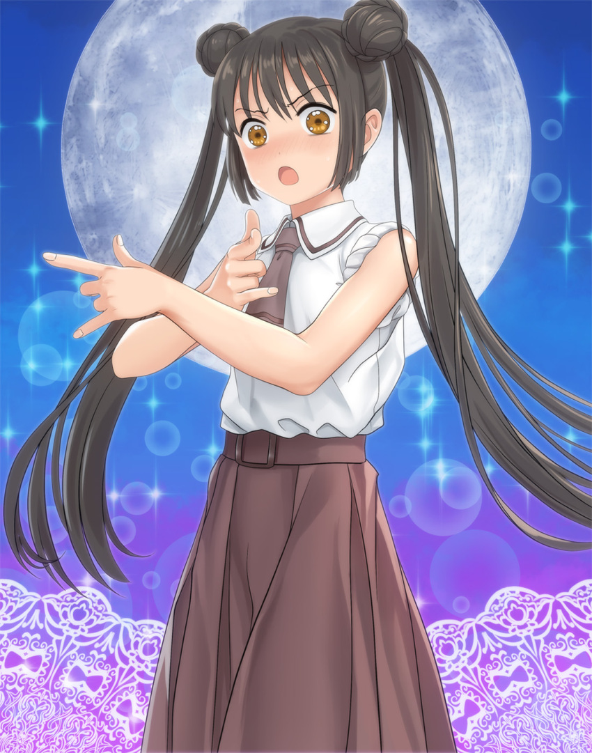 1girl asobi_asobase bangs belt bishoujo_senshi_sailor_moon blush brown_eyes brown_hair collared_shirt cosplay double_bun embarrassed highres honda_hanako long_hair looking_at_viewer moon mutsuki_(moonknives) necktie night night_sky open_mouth sailor_moon sailor_moon_(cosplay) school_uniform shirt short_sleeves sidelocks skirt sky solo sparkle tsuki_ni_kawatte_oshioki_yo twintails upper_body white_shirt