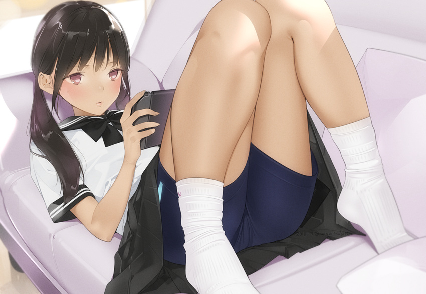 1girl ama_mitsuki bike_shorts black_bow black_hair black_neckwear black_sailor_collar black_skirt blush bow closed_mouth commentary_request couch dated indoors kneehighs knees_together_feet_apart knees_up lips long_hair lying nintendo_switch on_back on_couch original pillow pink_lips playing_games sailor_collar school_uniform serafuku shiny shiny_hair shirt short_sleeves shorts shorts_under_skirt signature skirt solo twintails upskirt violet_eyes white_legwear white_shirt