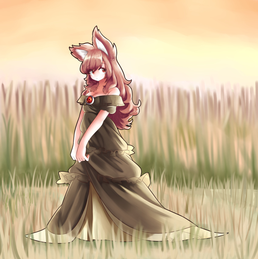 1girl absurdres alternate_color animal_ears breasts brooch brown_hair cleavage dress hh highres imaizumi_kagerou jewelry long_hair looking_at_viewer medium_breasts nature outdoors red_eyes solo touhou wolf_ears