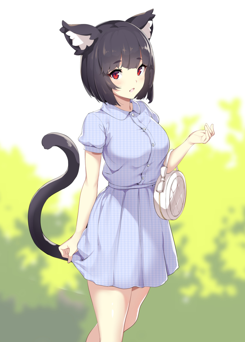 1girl :d alternate_costume animal_ear_fluff animal_ears azur_lane bag bangs black_hair blouse blue_blouse blue_skirt blurry blurry_background blush bow breasts casual cat_ears cat_tail checkered checkered_skirt collared_blouse commentary cowboy_shot day eyebrows_visible_through_hair hand_up handbag highres ikomochi looking_at_viewer medium_breasts open_mouth outdoors pleated_skirt puffy_short_sleeves puffy_sleeves red_eyes shiny shiny_hair short_hair short_sleeves skirt skirt_hold smile solo tail thighs unmoving_pattern white_bow yamashiro_(azur_lane)