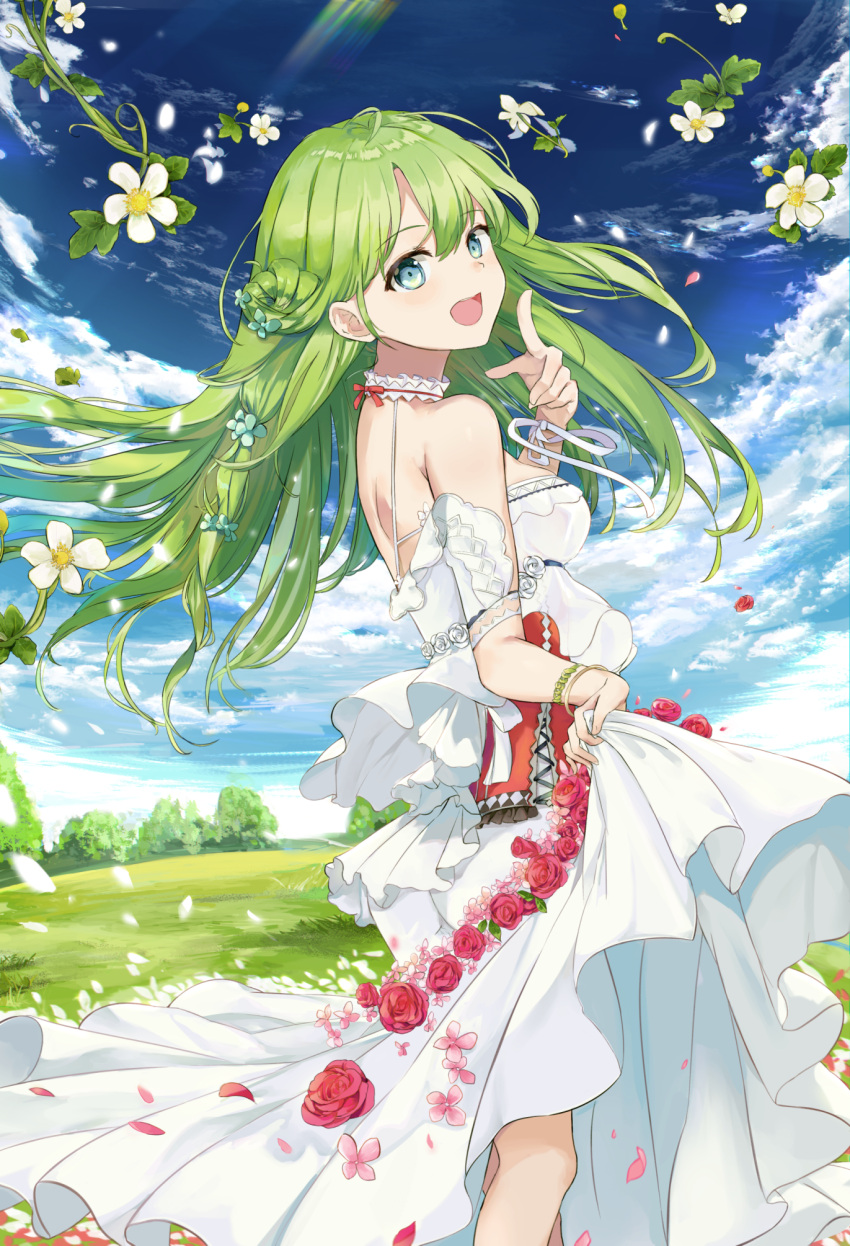 1girl blue_eyes blue_sky breasts choker clouds corset daisy day dress floating_hair flower from_side green_hair hair_between_eyes highres long_hair looking_at_viewer medium_breasts mosta_(lo1777789) original outdoors red_flower red_rose rose shiny shiny_hair sideboob skirt_hold sky sleeveless sleeveless_dress solo standing strapless strapless_dress very_long_hair white_dress white_flower