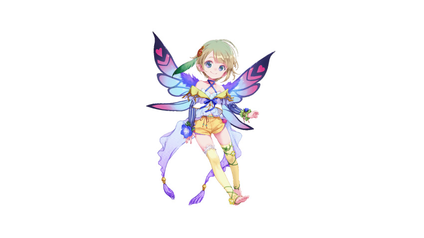 1girl :d ;d animated bare_shoulders barefoot blue_eyes blue_flower cori_(teria_saga) fairy feathers flower green_hair hair_feathers hair_ornament highres looking_at_viewer official_art one_eye_closed open_mouth smile striped striped_sleeves teria_saga transparent_background vertical_stripes winking yellow_legwear