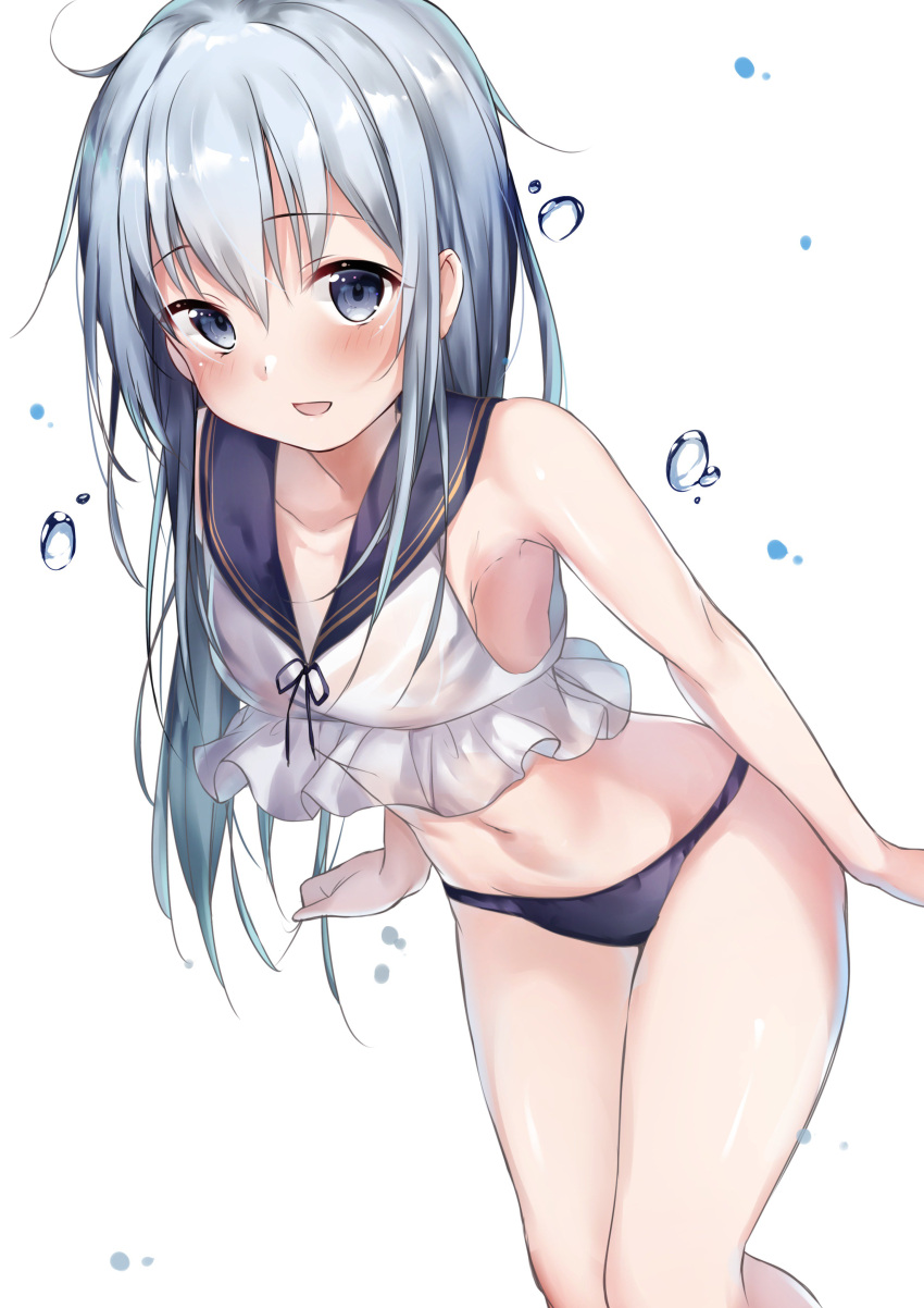 1girl :d absurdres black_bikini_bottom black_ribbon blue blush collarbone crop_top eyebrows_visible_through_hair eyes hair_between_eyes hibiki_(kantai_collection) highres kantai_collection long_hair looking_at_viewer midriff mochi_nabe navel neck_ribbon open_mouth ribbon sailor_collar shiny shiny_hair shirt silver_hair simple_background sleeveless sleeveless_shirt smile solo stomach very_long_hair white_background white_shirt