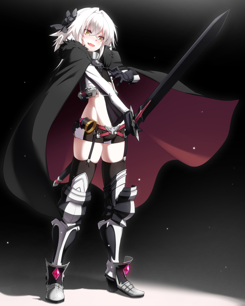 1boy alternate_eye_color alternate_hair_color astolfo_(fate) black_bow black_ribbon blush bow braid cape fate/apocrypha fate/grand_order fate_(series) garter_straps highres long_braid looking_away male_focus ribbon shorts single_braid solo sword takatun223 trap weapon white_hair yellow_eyes