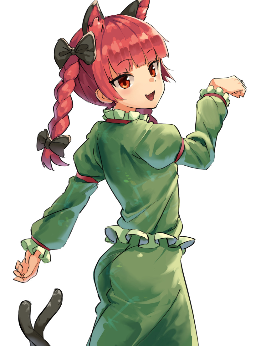 1girl :d absurdres animal_ears ass bangs black_bow blunt_bangs bow braid cat_ears cat_girl cat_tail dress extra_ears eyebrows_visible_through_hair fang green_dress hair_bow highres juliet_sleeves kaenbyou_rin long_hair long_sleeves multiple_tails nob1109 open_mouth orange_eyes paw_pose puffy_sleeves redhead simple_background smile solo tail touhou twin_braids two_tails white_background