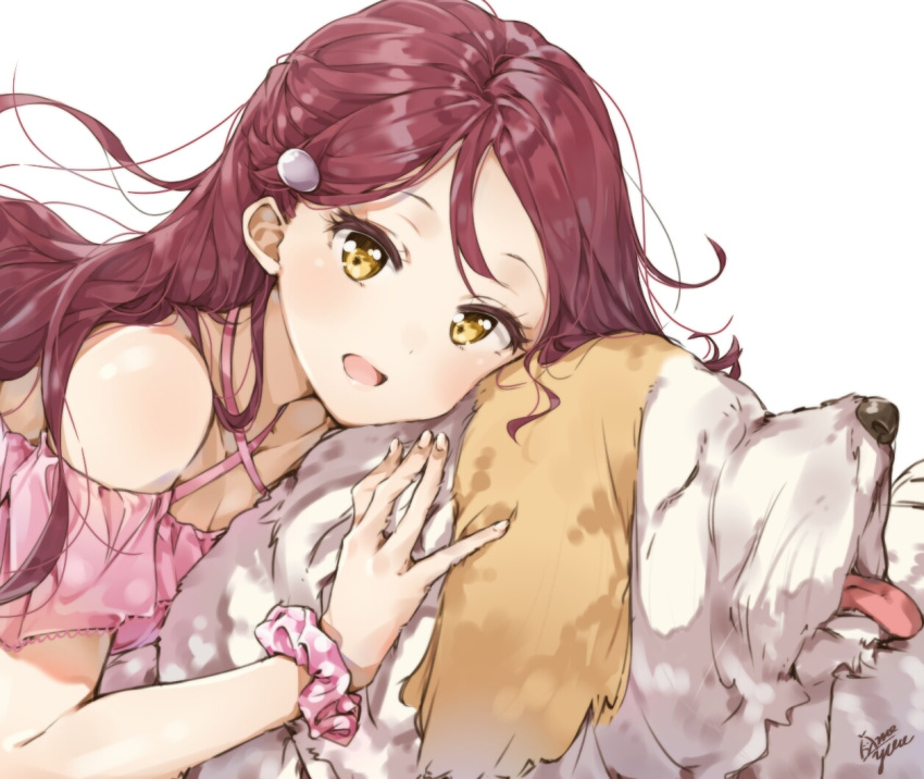 1girl :d animal breasts cleavage collarbone commentary_request criss-cross_halter dog hair_ornament hairclip half_updo halterneck long_hair looking_at_viewer love_live! love_live!_sunshine!! open_mouth pink_scrunchie polka_dot polka_dot_scrunchie redhead sakurauchi_riko scrunchie shiitake_(love_live!_sunshine!!) signature smile solo takenoko_no_you tongue tongue_out white_background wrist_scrunchie yellow_eyes