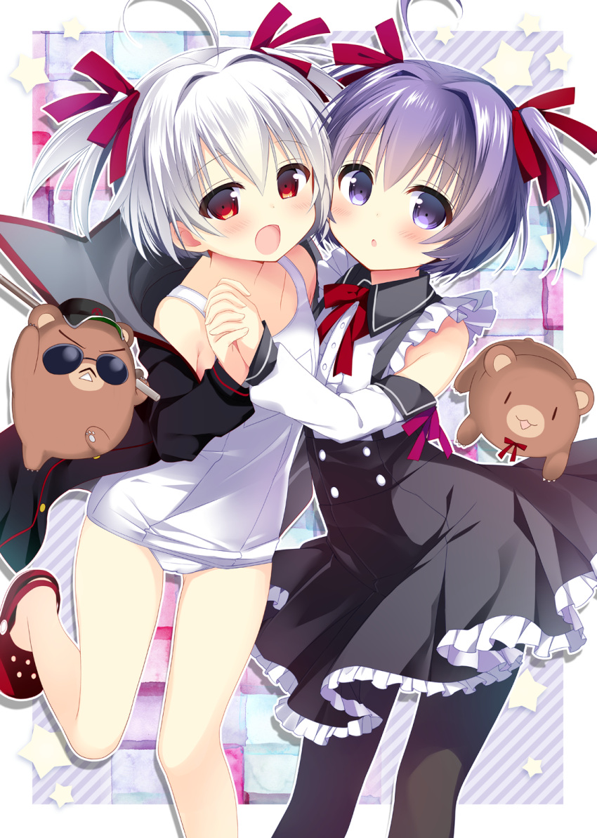 2girls :d :o animal bangs bare_shoulders bear black_jacket black_legwear black_skirt blush bow collared_shirt commentary_request crocs detached_sleeves evo_grim eyebrows_visible_through_hair grim_myu hair_between_eyes hair_ribbon highres holding jacket long_sleeves looking_at_viewer multiple_girls myu_(quiz_magic_academy) nagayama_yuunon old_school_swimsuit one-piece_swimsuit open_clothes open_jacket open_mouth pantyhose parted_lips purple_hair quiz_magic_academy red_bow red_eyes red_footwear red_ribbon ribbon school_swimsuit shirt silver_hair skirt sleeveless sleeveless_shirt smile standing standing_on_one_leg star sunglasses suspender_skirt suspenders swimsuit two_side_up violet_eyes white_school_swimsuit white_shirt white_swimsuit