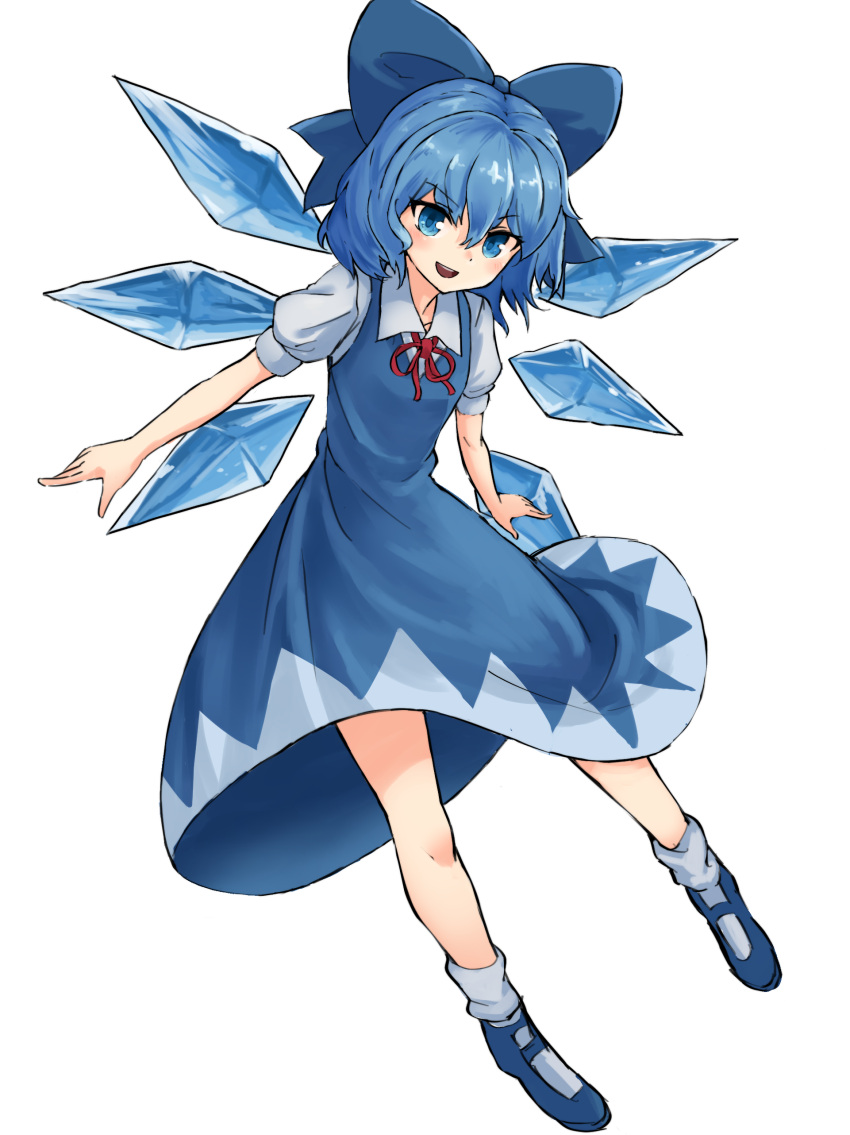 1girl :d absurdres bangs blue blue_bow blue_dress blue_eyes blue_footwear blue_hair blue_wings blush bow cirno detached_wings dress eyebrows_visible_through_hair fairy full_body hair_between_eyes hair_bow highres ice ice_wings looking_at_viewer mary_janes nob1109 open_mouth puffy_short_sleeves puffy_sleeves red_ribbon ribbon shoes short_hair short_sleeves simple_background smile socks solo teeth touhou white_background white_legwear wings