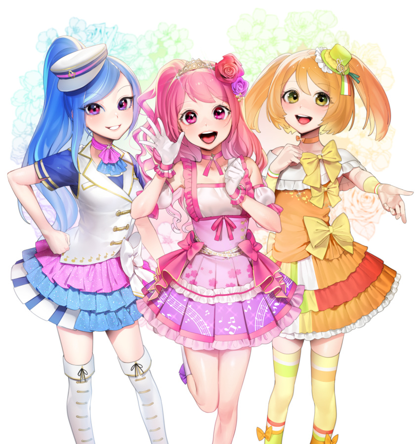 3girls :d absurdres ascot blue_hair blush boots bow capelet choker detached_sleeves double_stripe eyebrows_visible_through_hair flower glint gloves hair_flower hair_ornament hand_on_hip hand_up hat highres knee_boots layered_skirt long_hair looking_at_viewer mini_hat multiple_girls musical_note ohisashiburi open_mouth orange_hair pink_bow pink_choker pink_eyes pink_hair pink_skirt pleated_skirt puffy_short_sleeves puffy_sleeves purple_flower red_flower round_teeth short_sleeves skirt smile socks standing standing_on_one_leg striped striped_legwear teeth thigh-highs tiara tilted_headwear twintails vest violet_eyes waving white_capelet white_footwear white_gloves white_hat white_vest wristband yellow_bow yellow_eyes yellow_legwear