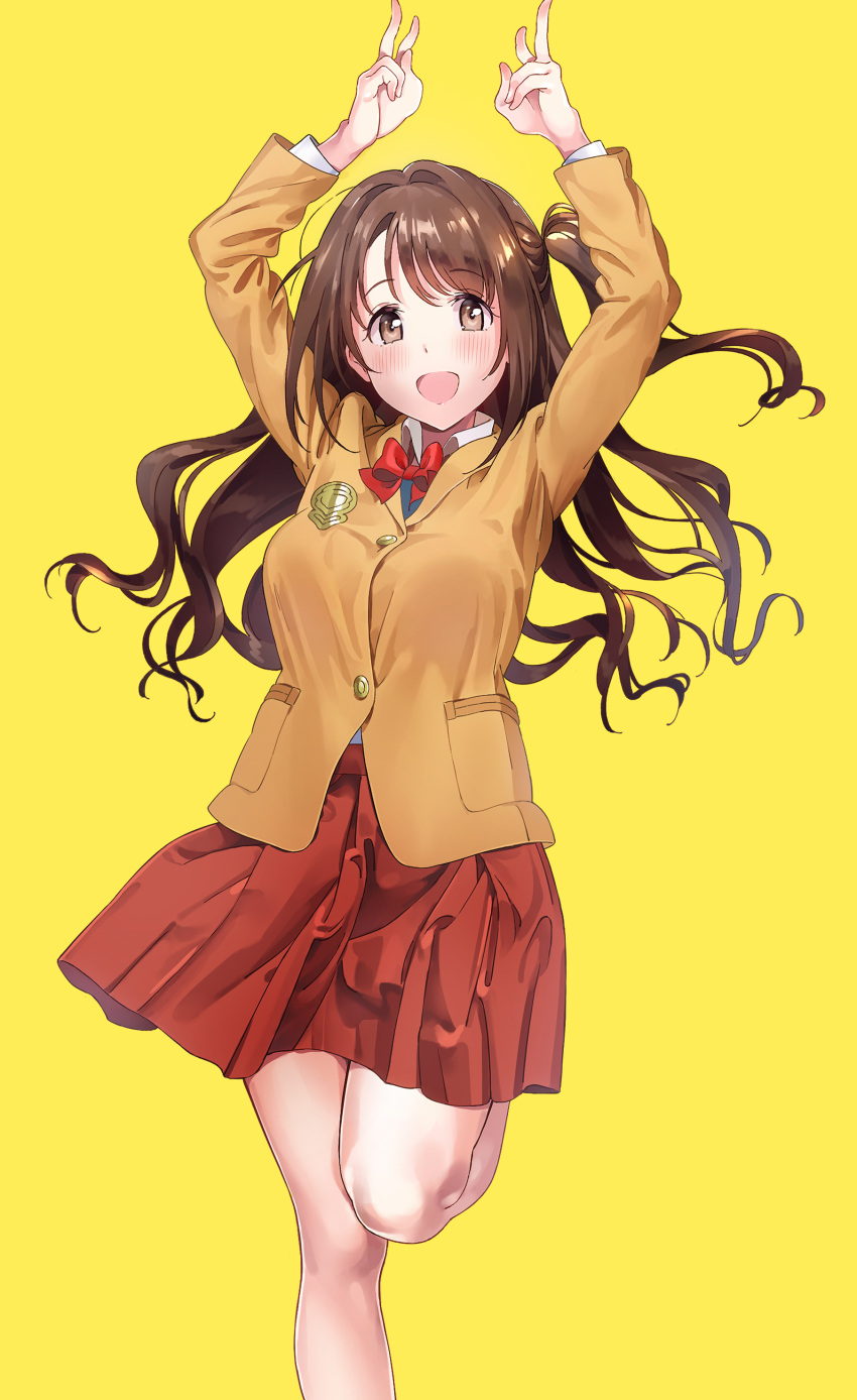 1girl :d absurdres ameyame arms_up blush bow bowtie brown_eyes brown_hair brown_jacket double_v floating_hair highres idolmaster idolmaster_cinderella_girls jacket leg_up long_hair looking_at_viewer open_mouth pleated_skirt red_bow red_skirt school_uniform shimamura_uzuki shiny shiny_hair side_ponytail simple_background skirt smile solo standing standing_on_one_leg v very_long_hair yellow_background