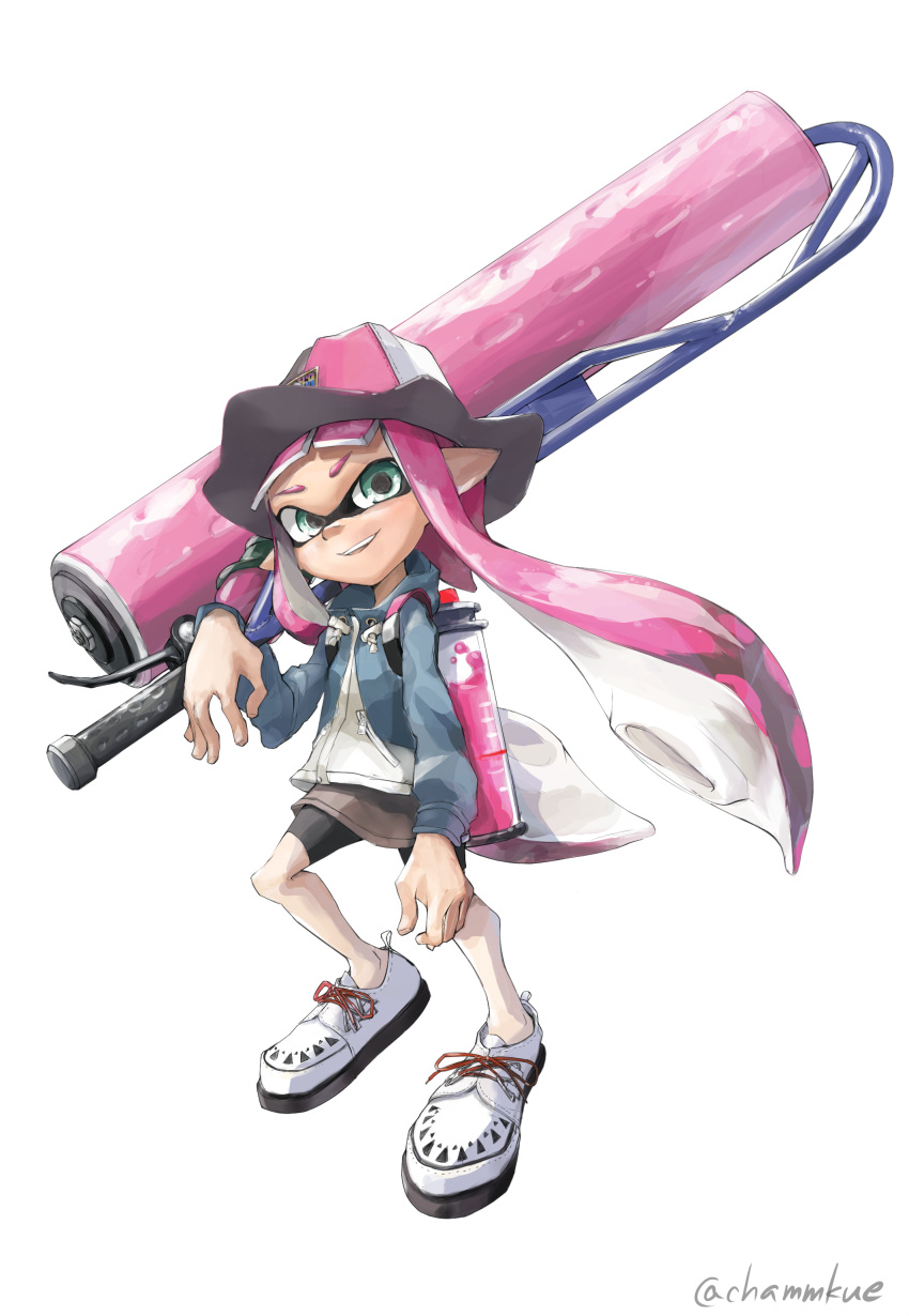 1girl absurdres bangs bike_shorts black_shorts blunt_bangs chamu_(chammkue) commentary_request cross-laced_footwear domino_mask drawr full_body grey_jacket hat highres holding holding_weapon ink_tank_(splatoon) inkling jacket long_hair looking_at_viewer mask nintendo no_legwear over_shoulder parted_lips pink_hat pointy_ears shoes shorts simple_background smile solo splat_roller_(splatoon) splatoon splatoon_1 standing tentacle_hair twitter_username weapon weapon_over_shoulder white_background white_footwear