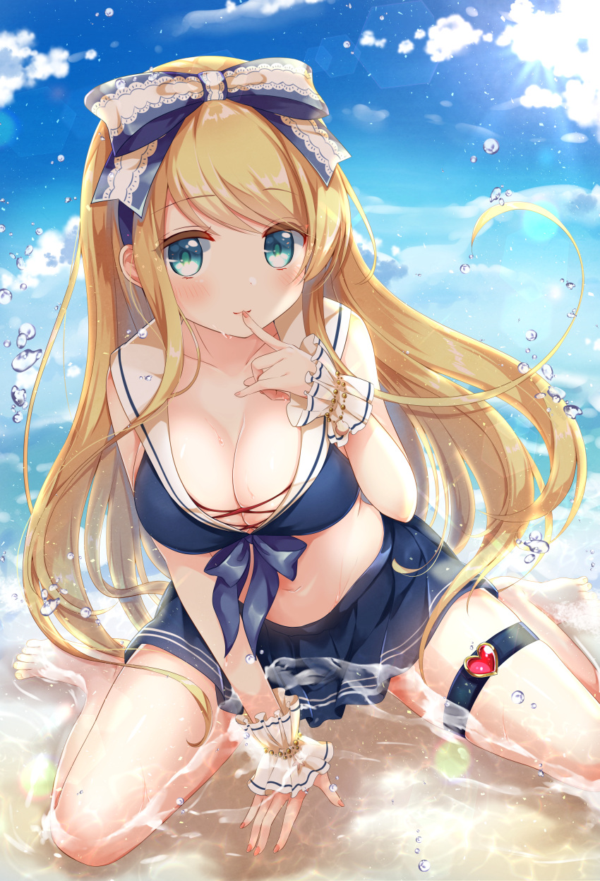 1girl absurdres bangs barefoot beach between_legs blonde_hair blue_bikini_top blue_skirt blue_sky bow breasts cleavage clouds collarbone day emori_el emori_miku_project eyebrows_visible_through_hair finger_to_mouth floating_hair gomano_rio green_eyes hair_bow hand_between_legs heart highres index_finger_raised kneeling large_breasts lens_flare long_hair looking_at_viewer miniskirt ocean outdoors pleated_skirt shiny shiny_hair skirt sky solo swept_bangs thigh_strap very_long_hair wrist_cuffs