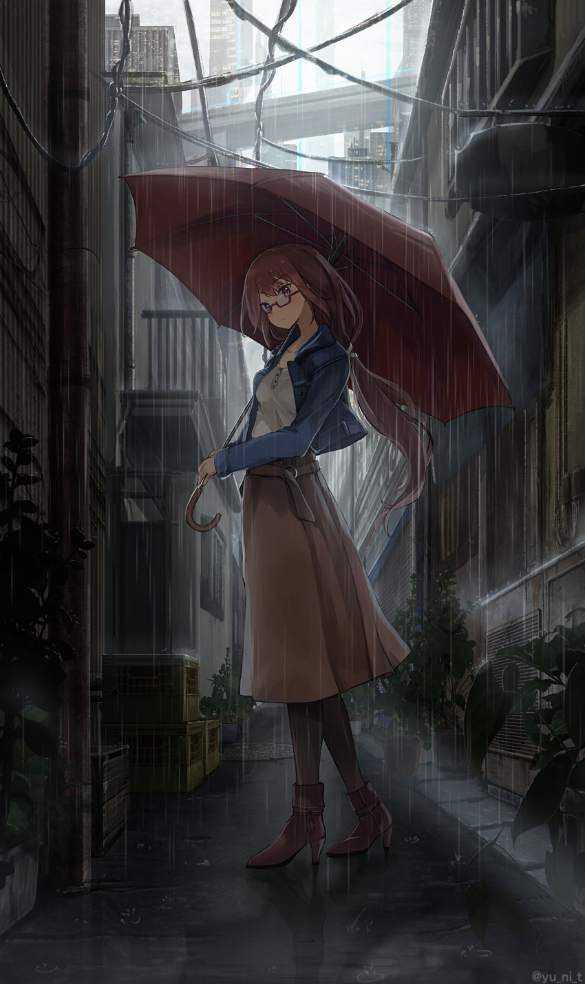 1girl bangs blue_jacket brown_hair brown_skirt building cropped_jacket eyebrows_visible_through_hair glasses high_heels highres holding holding_umbrella jacket long_skirt long_sleeves open_clothes open_jacket original pink_eyes plant rain red-framed_eyewear red_footwear red_umbrella reflection semi-rimless_eyewear shirt skirt solo twitter_username umbrella under-rim_eyewear white_shirt yu_ni_t