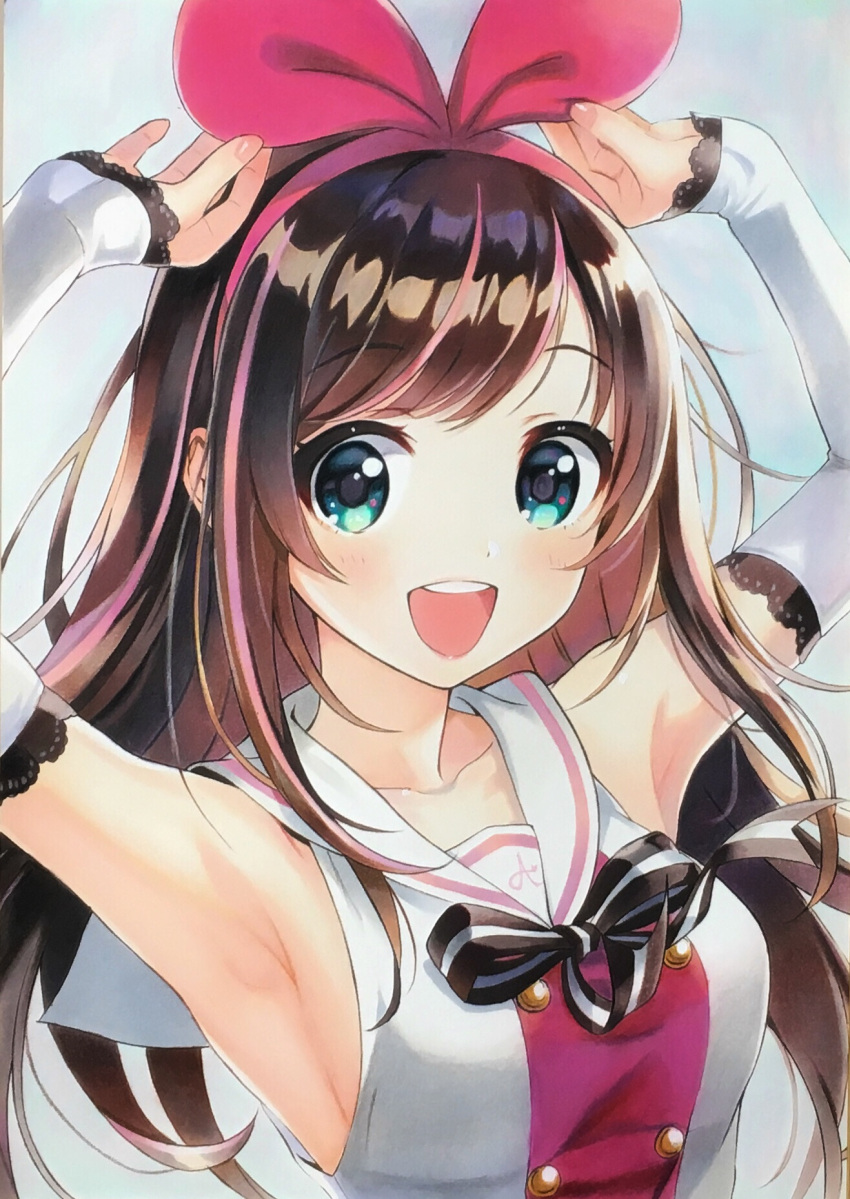 1girl a.i._channel arm_warmers armpits arms_up bangs bare_shoulders black_neckwear blue blue_eyes blue_nails blush breasts collarbone derivative_work eyebrows_visible_through_hair eyes hairband highres kizuna_ai looking_at_viewer medium_breasts multicolored_hair nail_polish open_mouth sailor_collar shiny shiny_hair sideboob sleeveless smile solo streaked_hair swept_bangs upper_body upper_teeth virtual_youtuber