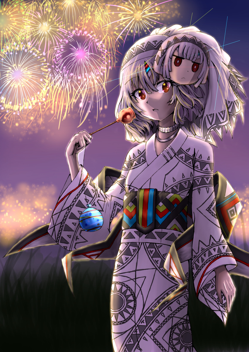 1girl absurdres altera_(fate) bangs black_nails breasts choker commentary_request dark_skin eyebrows_visible_through_hair fate/grand_order fate_(series) feet_out_of_frame fingernails firework_background fireworks food grass hair_ornament headdress highres holding holding_food japanese_clothes jewelry kimono looking_at_viewer multicolored multicolored_sky nail_polish night open_mouth outdoors over3010 patterned_clothing red_eyes short_hair sky small_breasts solo standing tan veil white_hair yukata