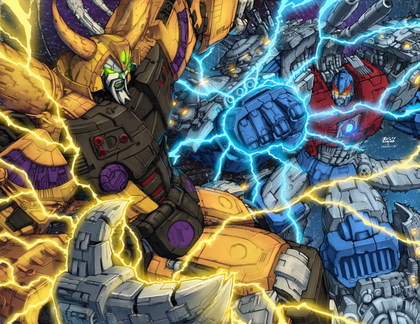 2boys alien battle claws cybertron don_figueroa duel electricity energy glowing glowing_eyes green_eyes horns mecha multiple_boys no_humans oldschool pinkuh planet primus robot science_fiction space transformers unicron yellow_eyes