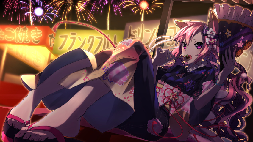 1girl absurdres aerial_fireworks animal_ears bow braid eating feet fireworks floral_print flower food_stand fox_ears full_body hair_bow hair_flower hair_ornament hand_up highres huge_filesize japanese_clothes kimono leona_(teria_saga) long_hair looking_at_viewer night pink_hair sitting solo teria_saga violet_eyes wide_sleeves