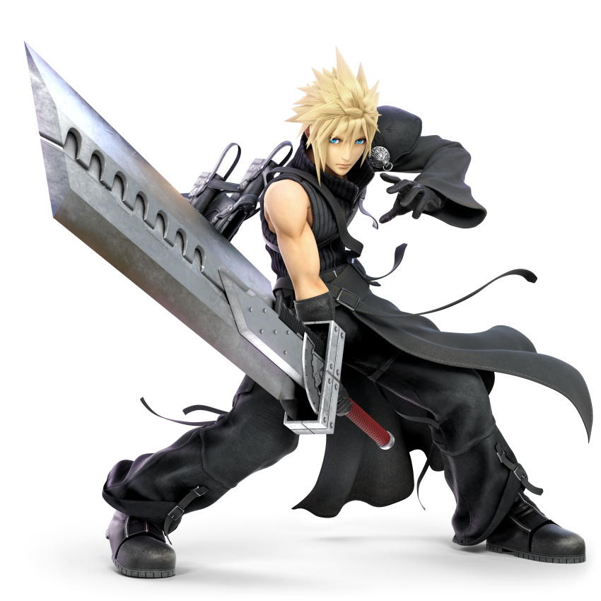 1boy 3d absurdres alternate_costume asymmetrical_clothes black_gloves blonde_hair blue_eyes cloud_strife final_fantasy final_fantasy_vii final_fantasy_vii_advent_children gloves highres huge_filesize huge_weapon looking_at_viewer nintendo official_art pose serious solo spiky_hair super_smash_bros. super_smash_bros_ultimate sword transparent_background weapon