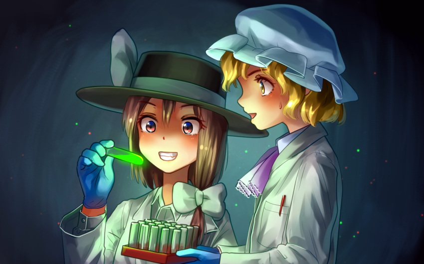 2girls blonde_hair bow brown_eyes brown_hair fedora gloves glowing hair_bow hat height_difference labcoat liquid maribel_hearn mob_cap multiple_girls pen pen_in_pocket rubber_gloves short_hair smile sweatdrop touhou usami_renko vial welt_(kinsei_koutenkyoku)