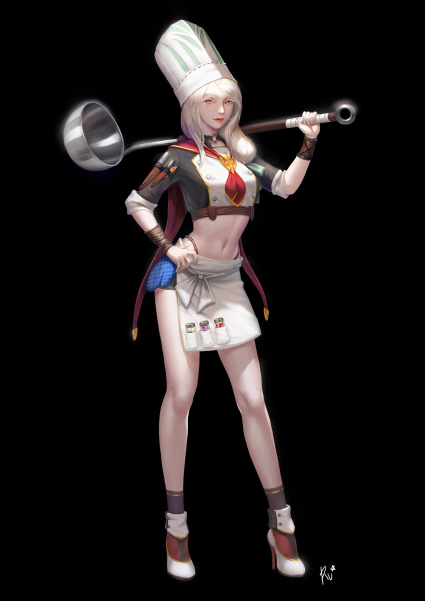 1girl absurdres apron black_background black_legwear bottle chef_hat colored_eyelashes commentary crop_top full_body hand_on_hip hat high_heels highres holding knife ladle long_hair looking_at_viewer navel original oven_mitts oversized_object sheath sheathed shoes signature socks solo standing tongue tongue_out violet_eyes w_ruwaki waist_apron white_apron