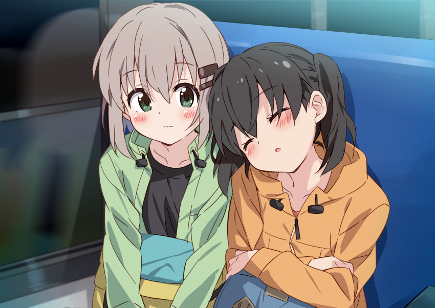 2girls :o backpack bag bangs black_hair black_shirt blurry blurry_background blush brown_hair brown_jacket closed_eyes closed_mouth collarbone depth_of_field eyebrows_visible_through_hair facing_viewer green_eyes green_jacket hair_between_eyes hair_ornament hairclip highres jacket kuraue_hinata leaning_to_the_side looking_at_another mousou_(mousou_temporary) multiple_girls night open_clothes open_jacket parted_lips shirt short_hair sitting sleeping sleeping_on_person twintails wavy_mouth window yama_no_susume yukimura_aoi