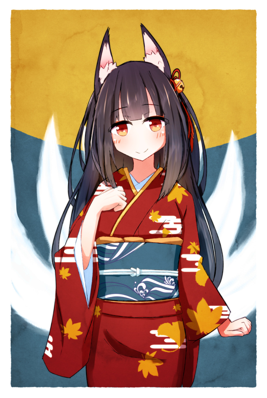 1girl animal_ears bangs bell black_hair blunt_bangs blush clenched_hands commentary cowboy_shot fox_ears fox_tail full_moon hair_bell hair_ornament hand_up highres japanese_clothes kimono long_hair looking_at_viewer moon multiple_tails night obi original red_eyes sash smile solo tail tamanoti
