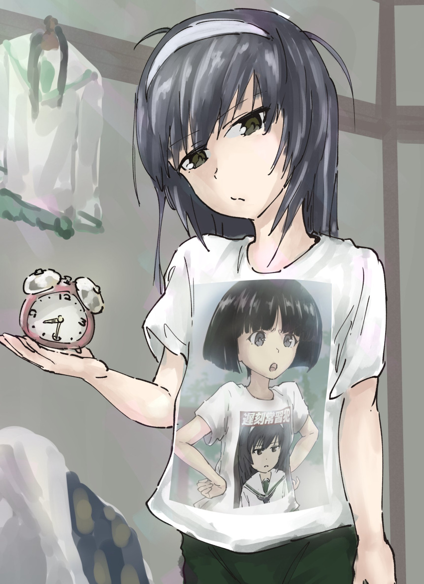 1girl angry bangs black_eyes black_hair black_neckwear black_shorts blouse blunt_bangs blurry blurry_background bob_cut casual character_print clock clothes_writing commentary cowboy_shot frown girls_und_panzer goripan green_skirt hairband hands_on_hips head_tilt highres holding indoors long_hair looking_at_viewer messy_hair neckerchief ooarai_school_uniform open_mouth parted_lips pleated_skirt print_shirt recursion reizei_mako school_uniform serafuku shirt short_hair short_sleeves shorts sketch skirt solo sono_midoriko standing t-shirt white_blouse white_hairband white_shirt