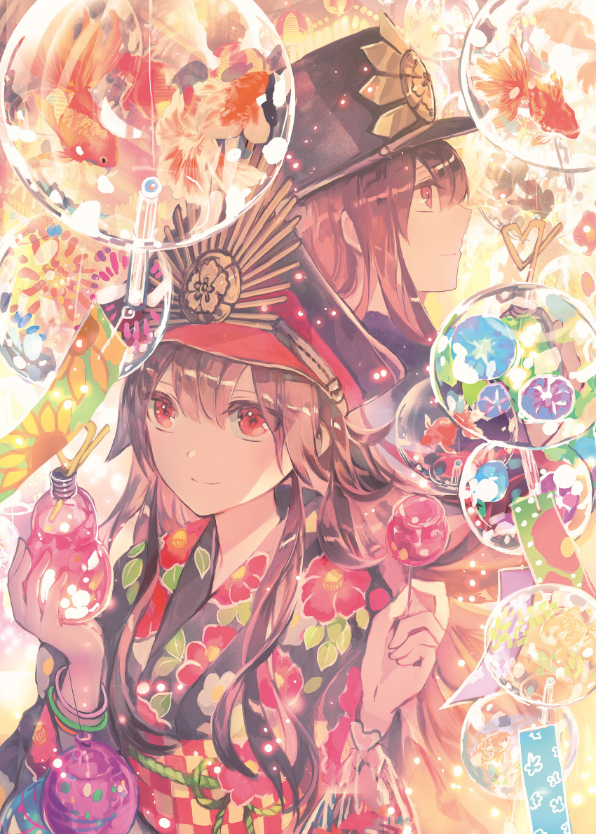 1boy 1girl absurdres alternate_costume bag bagged_fish bangs black_hat black_kimono bracelet brown_hair candy_apple checkered closed_mouth commentary_request crazy_straw cup drink drinking_glass drinking_straw fate/grand_order fate_(series) festival fish floral_print food goldfish hair_between_eyes hat heart_straw highres holding holding_bag holding_cup holding_food japanese_clothes jewelry kimono lantern light long_hair looking_away obi oda_nobukatsu_(fate/grand_order) oda_nobunaga_(fate) paper_lantern peaked_cap print_kimono profile red_eyes rioka_(southern_blue_sky) sash shiny shiny_hair sidelocks smile sunflower_print upper_body wind_chime