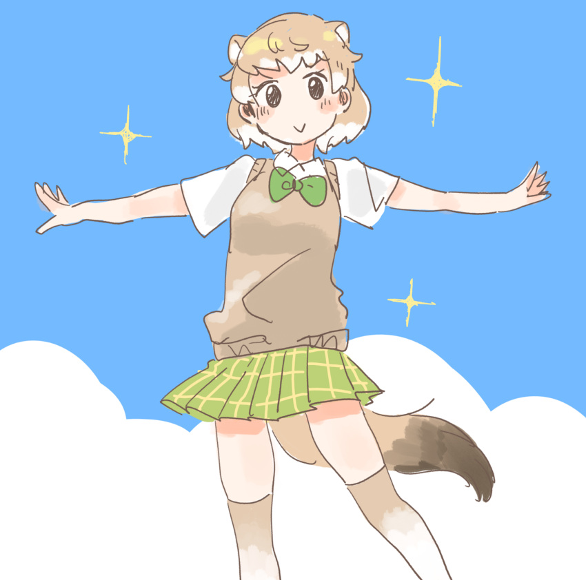 1girl :&gt; adapted_costume animal_ears beige_legwear black-tailed_prairie_dog_(kemono_friends) blue_sky blush_stickers bow bowtie closed_mouth clouds collared_shirt extra_ears feet_out_of_frame gradient_legwear green_bow green_neckwear green_skirt hasu_(zatsugami) highres kemono_friends light_brown_hair looking_at_viewer multicolored multicolored_clothes multicolored_hair multicolored_legwear no_nose outdoors outstretched_arms plaid plaid_skirt pleated_skirt prairie_dog_ears prairie_dog_tail shirt short_hair short_sleeves skirt sky smile solo sparkle spread_arms sweater_vest tail tareme thigh-highs two-tone_hair white_hair white_legwear white_shirt zettai_ryouiki