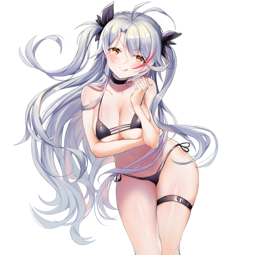 1girl :q absurdres antenna_hair azur_lane bangs bare_arms bare_shoulders bikini black_choker black_ribbon boku_koyuki_mx breast_hold breasts choker cleavage closed_mouth collarbone commentary_request cowboy_shot eyebrows_visible_through_hair grey_hair hair_ribbon head_tilt highres large_breasts leaning_forward long_hair looking_at_viewer multicolored_hair navel prinz_eugen_(zhan_jian_shao_nyu) redhead ribbon shiny shiny_hair side-tie_bikini simple_background skindentation smile solo streaked_hair string_bikini swept_bangs swimsuit thigh_strap thighs tongue tongue_out two_side_up v-shaped_eyebrows very_long_hair white_background
