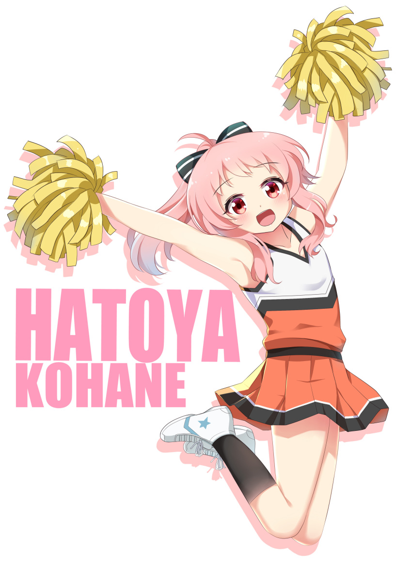 1girl :d absurdres agung_syaeful_anwar anima_yell! armpits arms_up bangs bare_shoulders black_bow black_legwear blush bow character_name cheerleader collarbone commentary english_commentary full_body gradient_hair hair_bow hatoya_kohane high_ponytail highres holding jumping kneehighs multicolored_hair open_mouth orange_skirt outstretched_arms pink_hair pleated_skirt pom_poms ponytail purple_hair red_eyes shadow shirt shoes sidelocks skirt sleeveless sleeveless_shirt smile solo striped striped_bow white_background white_footwear