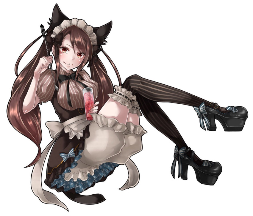 1girl :3 animal_ears black_footwear black_legwear bloomers blue_bow blush bow breasts brown_eyes brown_hair cat_ears cat_tail cup drink holding holding_cup ishaq-braver long_hair maid medium_breasts original platform_footwear simple_background sitting solo spoon striped striped_bow striped_legwear tail thigh-highs twintails underwear vertical-striped_legwear vertical_stripes very_long_hair white_background