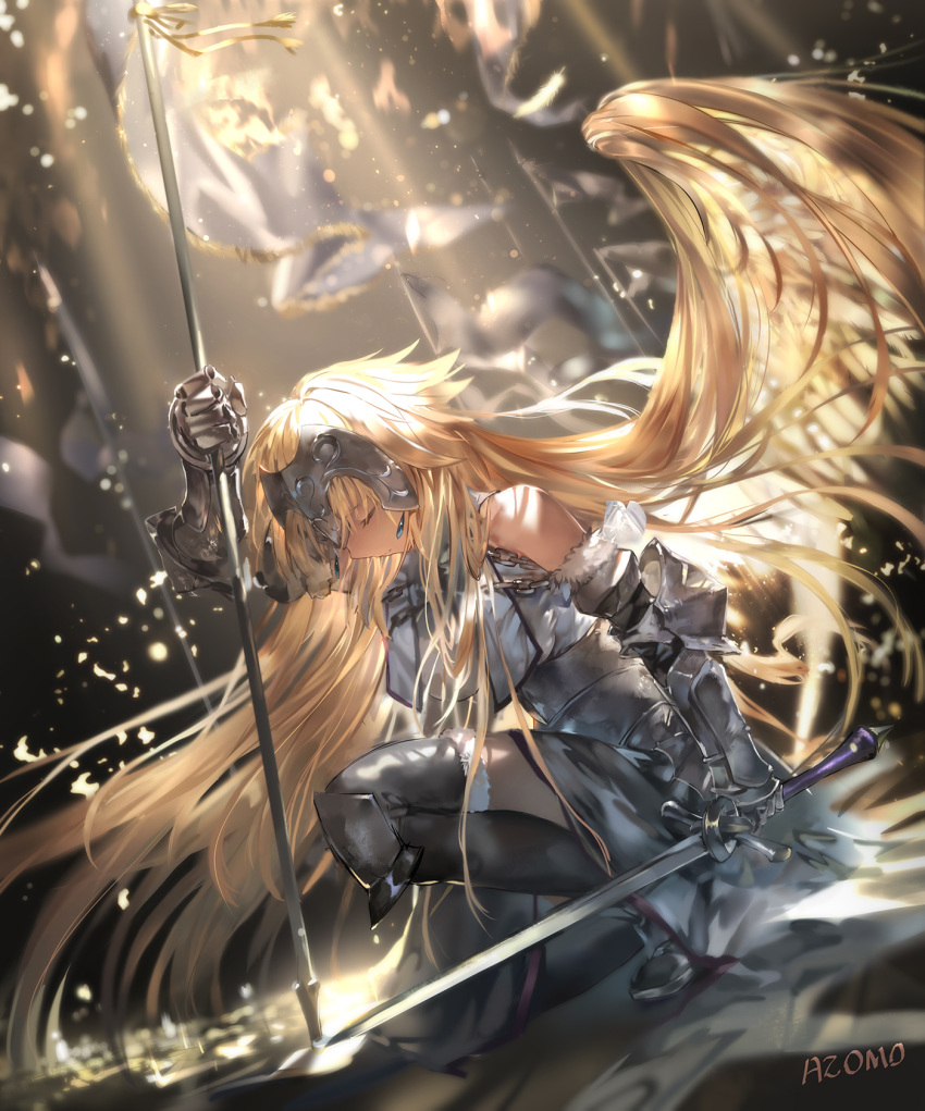 1girl arm_up armor armored_dress azomo bangs black_legwear blonde_hair closed_eyes closed_mouth commentary_request dress dutch_angle eyebrows_visible_through_hair fate/grand_order fate_(series) feathered_wings french_commentary from_side fur-trimmed_legwear fur_trim gauntlets grey_dress hair_wings headpiece highres holding jeanne_d'arc_(fate) jeanne_d'arc_(fate)_(all) long_hair one_knee profile signature solo thigh-highs very_long_hair wings