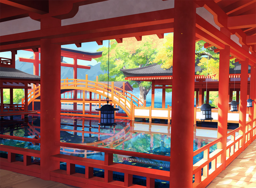 bridge day fish lantern no_humans original outdoors pond railing scenery toichi_(ik07) torii