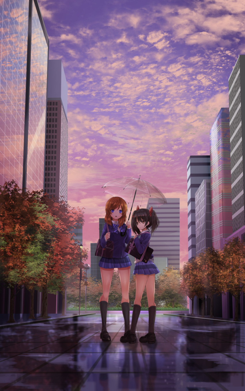 2girls autumn bag black_hair blue_eyes bow bowtie brown_eyes brown_hair building city clouds commentary dappled_sunlight dark hair_bow highres kneehighs loafers long_hair looking_at_viewer love_live! love_live!_school_idol_project multiple_girls nishikino_maki open_mouth orein reflection road school_bag school_uniform shadow shoes sky smile street sunlight sunset sweater transparent transparent_umbrella tree twintails umbrella yazawa_nico