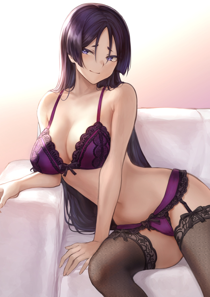 1girl bangs bare_shoulders black_legwear blue_eyes bra breasts closed_mouth collarbone commentary_request couch fate/grand_order fate_(series) garter_belt garter_straps gradient gradient_background hair_between_eyes highres hips lace lace-trimmed_panties large_breasts long_hair looking_to_the_side mashu_003 minamoto_no_raikou_(fate/grand_order) navel panties parted_bangs purple_bra purple_hair purple_panties sitting smile solo thigh-highs thighs twitter_username underwear very_long_hair waist