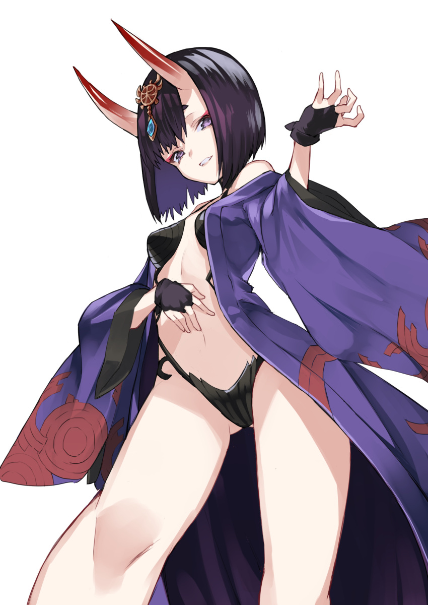 1girl bangs breasts bridal_gauntlets commentary_request fate/grand_order fate_(series) gluteal_fold grin headpiece highres horns japanese_clothes kimono long_sleeves looking_at_viewer navel nuqura off_shoulder oni oni_horns open_clothes open_kimono purple_hair purple_kimono revealing_clothes short_hair shuten_douji_(fate/grand_order) simple_background small_breasts smile solo standing thick_eyebrows violet_eyes white_background wide_sleeves