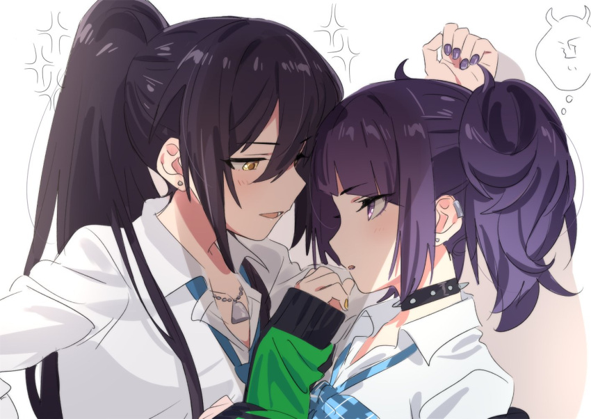 2girls bangs black_choker black_hair blush choker collar collarbone collared_shirt commentary_request diagonal_bangs dog_tags dress_shirt earrings eyebrows_visible_through_hair green_jacket green_neckwear hair_between_eyes high_ponytail idolmaster idolmaster_shiny_colors jacket jewelry looking_at_another loose_necktie multiple_girls nail_polish necklace necktie open_mouth plaid_neckwear ponytail purple_hair school_uniform shirase_sakuya shirt short_twintails spiked_choker spikes tanaka_mamimi twintails violet_eyes white_shirt yellow_eyes yomosaka yuri