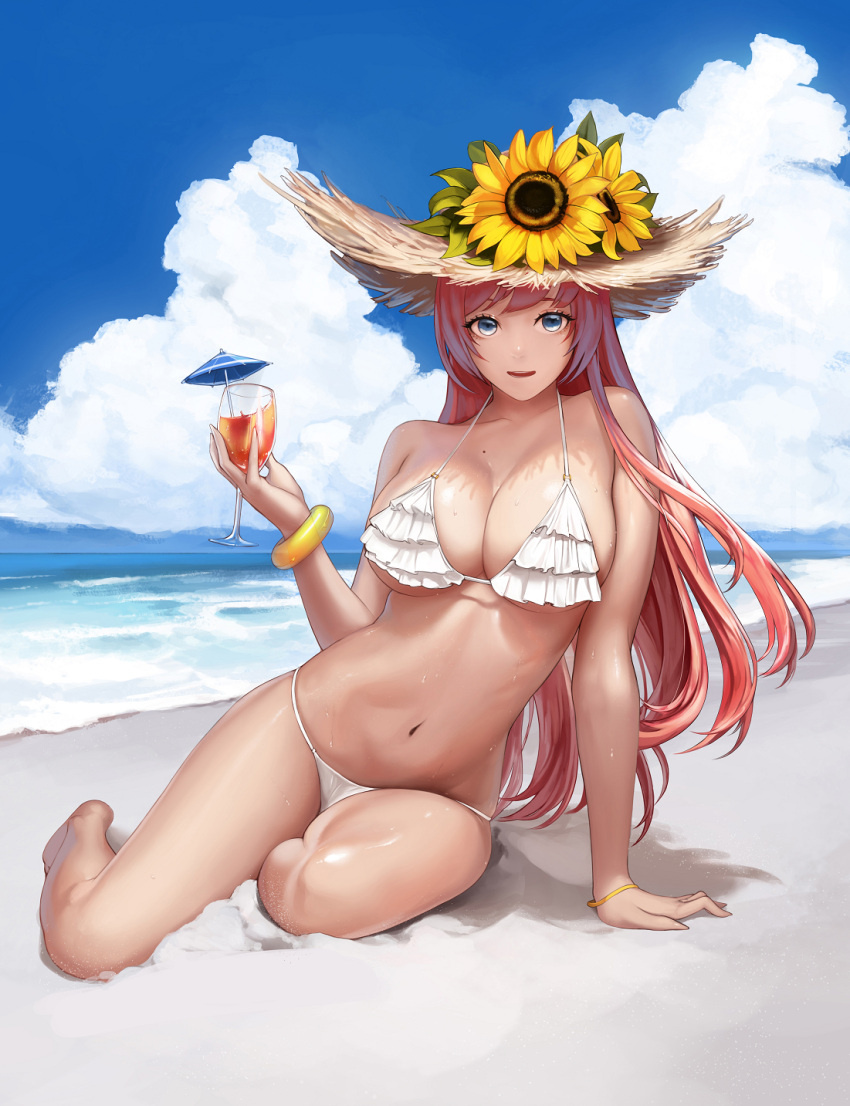 1girl arm_support beach bikini blue_eyes blue_sky breasts cleavage clouds cocktail_umbrella commentary_request cup cupping_glass day drinking_glass dungeon_and_fighter flower frilled_bikini frills full_body hat highres knight_(dungeon_and_fighter) korean_commentary large_breasts long_hair looking_at_viewer monaim ocean outdoors pink_hair sand sitting sky solo sun_hat sunflower swimsuit white_bikini wine_glass