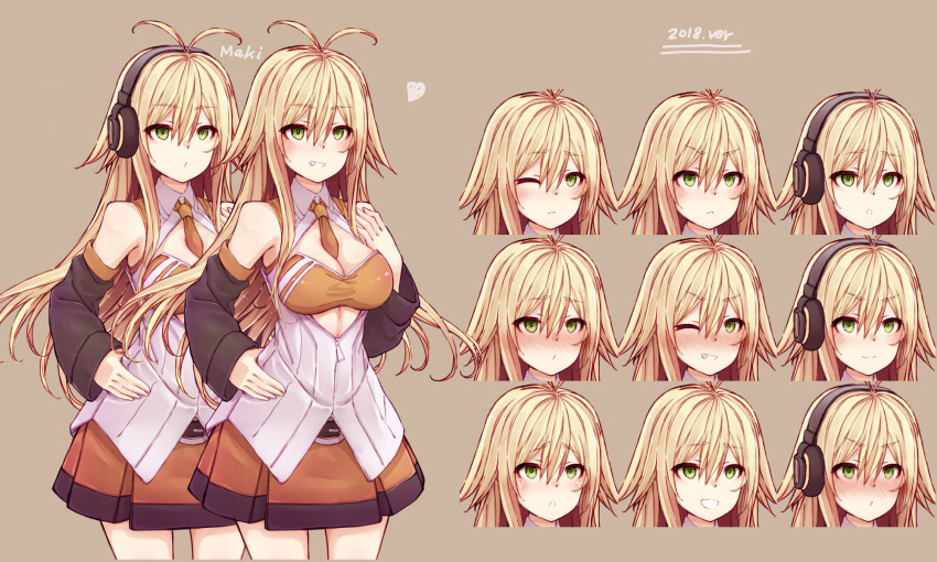 1girl 2018 :d :o antenna_hair bangs bare_shoulders blonde_hair blush breasts brown_background character_name cleavage closed_mouth cowboy_shot detached_sleeves expressions eyebrows_visible_through_hair furrowed_eyebrows green_eyes grin hachikuji hair_between_eyes hand_on_hip headphones highres large_breasts long_hair long_sleeves midriff miniskirt necktie nose_blush one_eye_closed open_mouth orange_neckwear orange_skirt short_necktie skirt smile solo straight_hair tsurumaki_maki v-shaped_eyebrows voiceroid