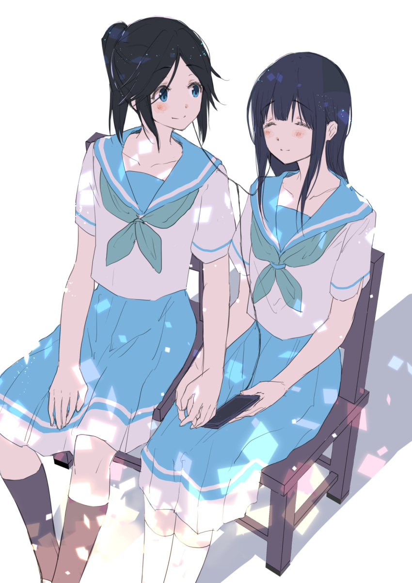 2girls aqua_neckwear black_hair blue_eyes blue_sailor_collar blue_skirt blush cellphone earphones eyebrows_visible_through_hair fukuroumori hair_ornament hairclip hibike!_euphonium highres kasaki_nozomi kneehighs liz_to_aoi_tori long_hair multiple_girls neckerchief phone ponytail sailor_collar school_uniform serafuku shared_earphones sitting skirt smartphone smile white_background yoroizuka_mizore