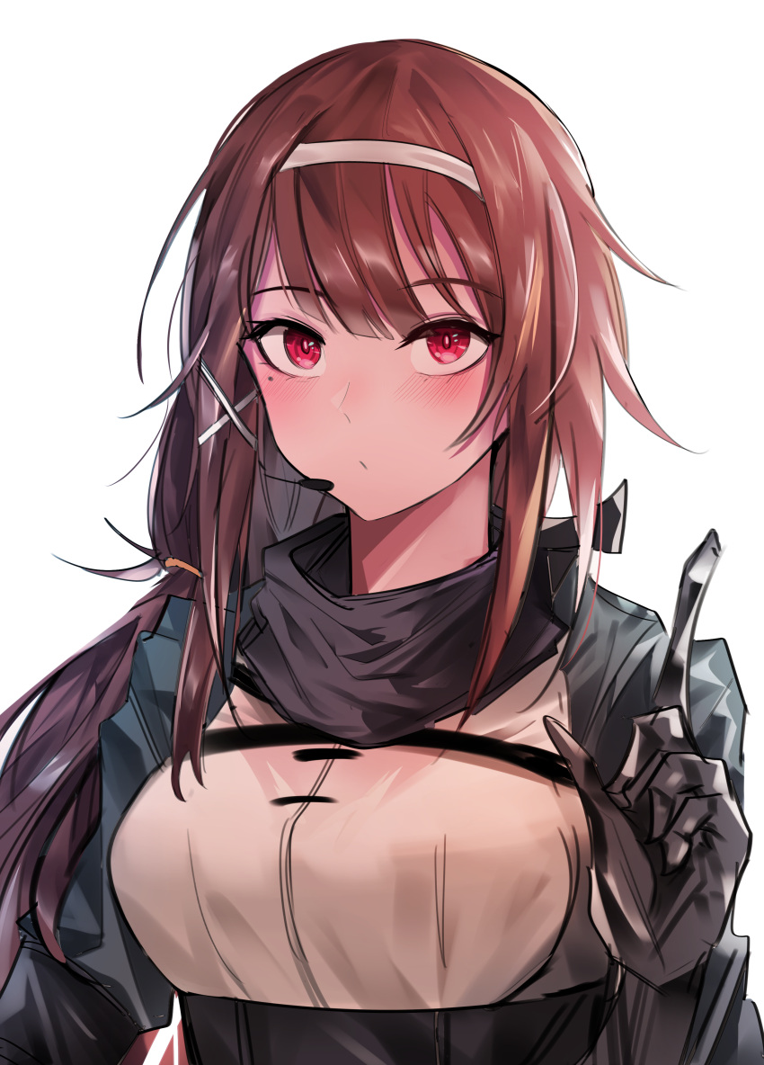 1girl absurdres bangs blue_jacket blush brown_hair cizzi closed_mouth earpiece eyebrows_visible_through_hair framed_breasts girls_frontline gloves grey_scarf hair_between_eyes hair_ribbon hairband handband headset highres index_finger_raised jacket js_9_(girls_frontline) long_hair looking_at_viewer low_ponytail mechanical_arm mole mole_under_eye multiple_straps red_eyes ribbon scarf sidelocks solo strap tied_hair underbust upper_body very_long_hair white_background white_hairband white_ribbon