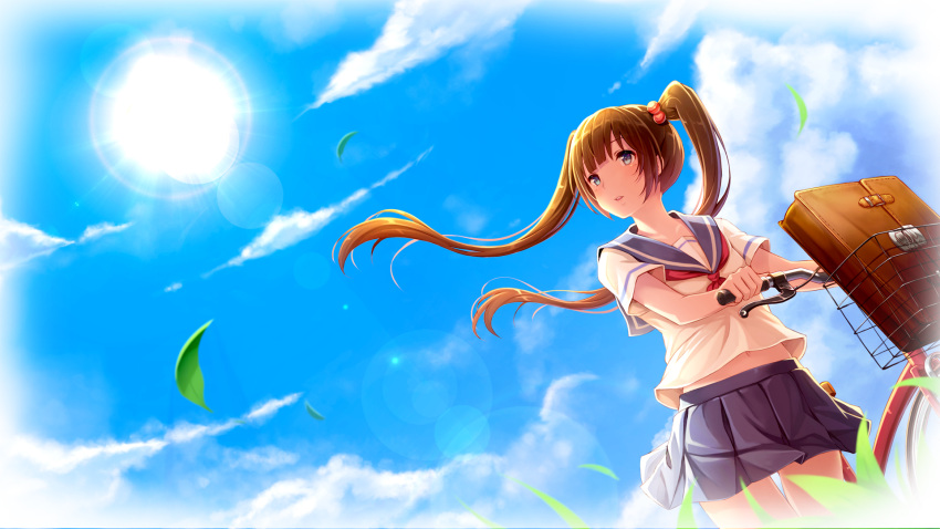 1girl bicycle blue_eyes blue_skirt blue_sky brown_hair day floating_hair from_below gogatsu_no_renkyuu ground_vehicle hair_bobbles hair_ornament hatsune_miku highres lens_flare long_hair midriff miniskirt navel neckerchief outdoors parted_lips pleated_skirt red_neckwear sailor_collar school_uniform serafuku shirt short_sleeves skirt sky solo stomach sun twintails very_long_hair vocaloid white_shirt