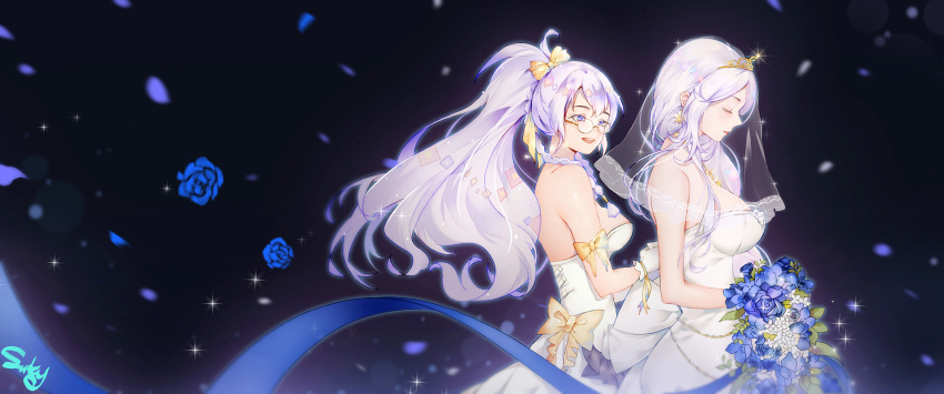 2girls :d azur_lane backless_dress backless_outfit bare_back bare_shoulders belfast_(azur_lane) blue_eyes blue_flower blue_ribbon blue_rose bouquet bow breasts bridal_veil bride closed_eyes commentary_request dress edinburgh_(azur_lane) flower glasses gloves hair_bow highres large_breasts long_hair medium_breasts multiple_girls open_mouth petals ponytail ribbon rose round_eyewear shizi_suky side_braids silver_hair smile sparkle strapless strapless_dress tiara veil wedding_dress white_gloves yellow_bow yellow_ribbon