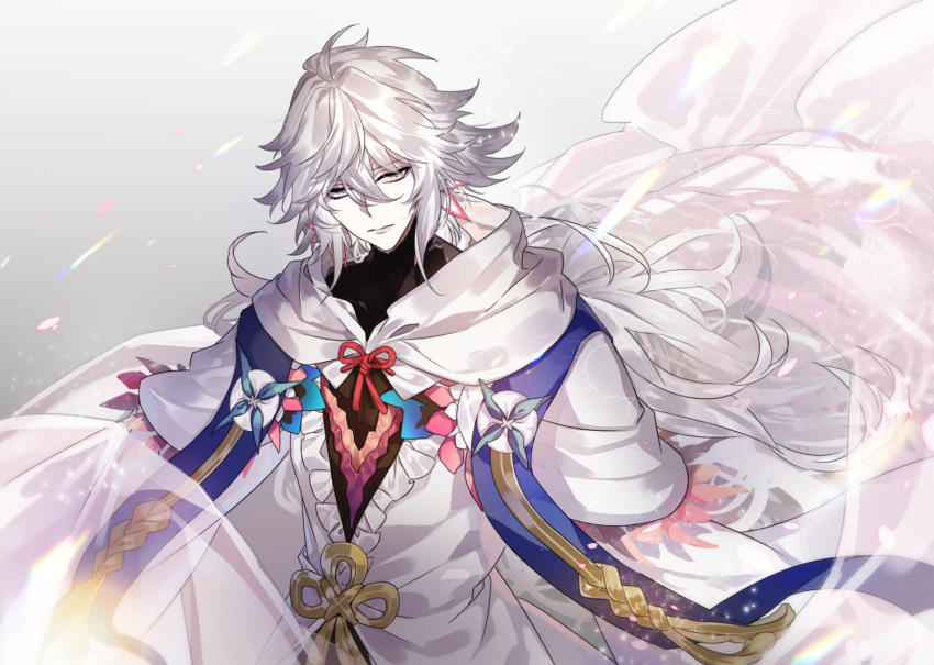 1boy fate/grand_order fate_(series) hood hood_down long_hair male_focus merlin_(fate) messy_hair robe silver_hair solo suz upper_body violet_eyes